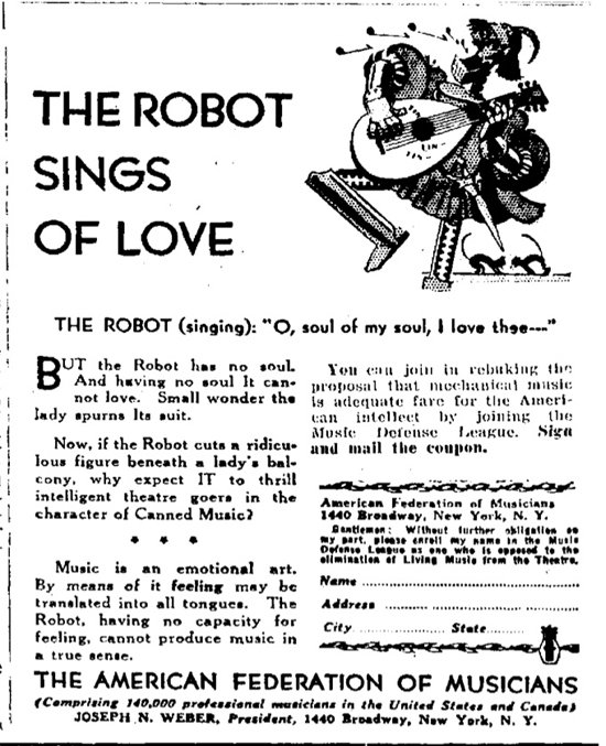1930 advertisement against recorded music in cinemas: the robot sings of love