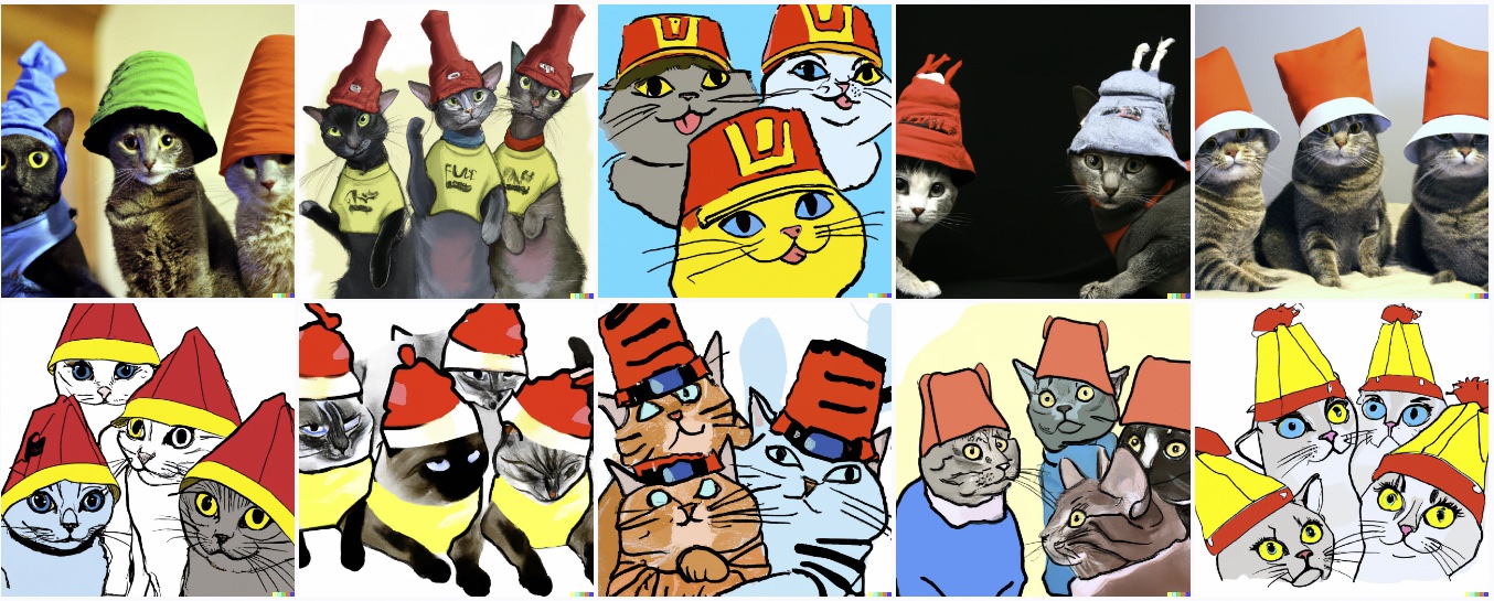 10 DALL-E results for "cats in devo hats"