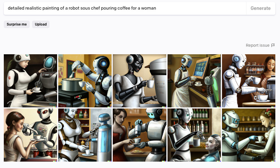 generated paintings of a robot pouring coffee for a woman
