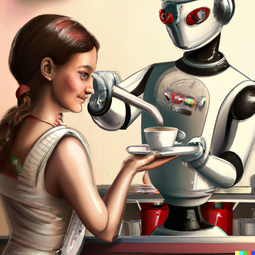 generated painting of a robot pouring coffee for a woman
