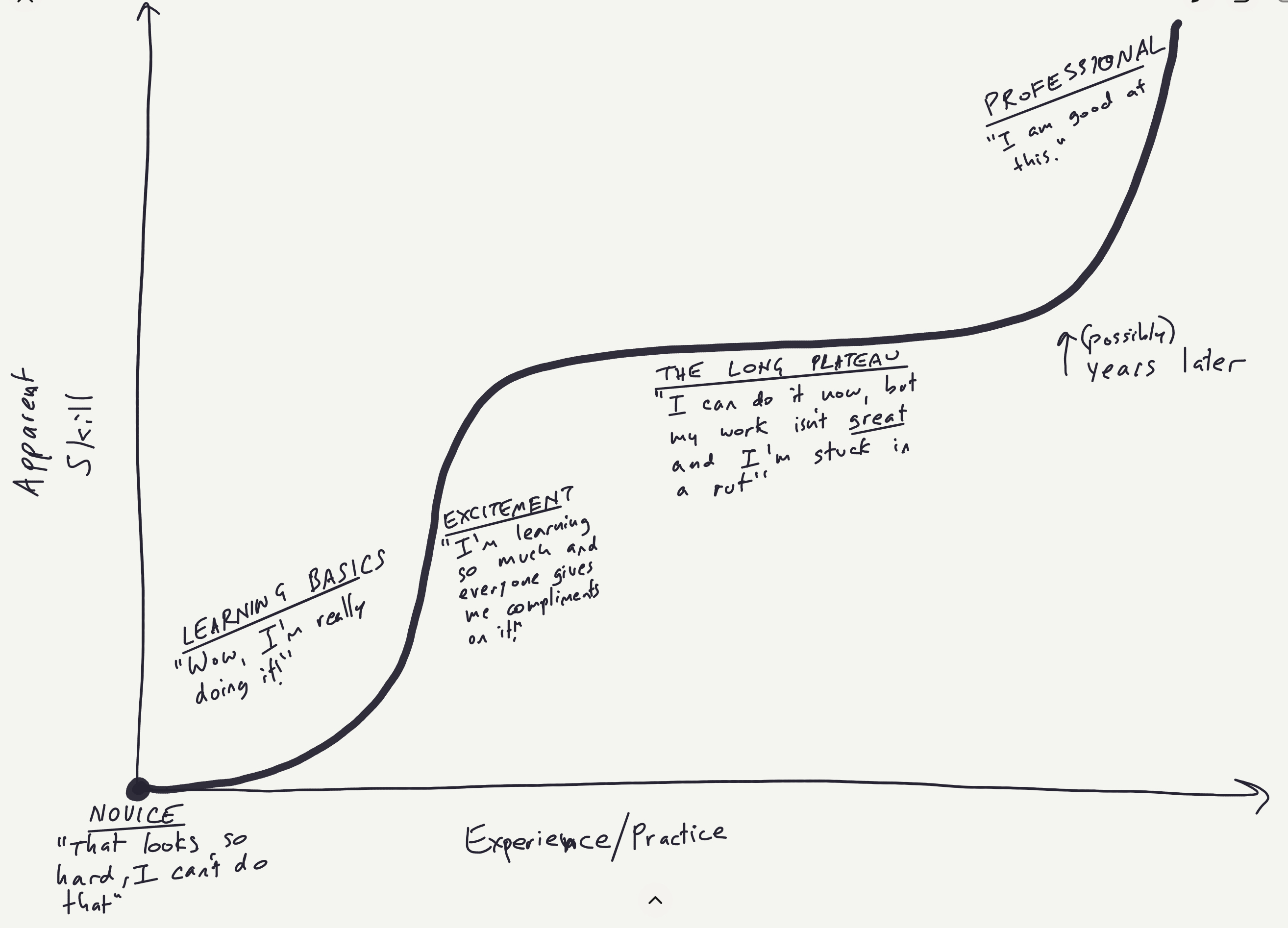 Curve of increasing skill, novice to excited to plateau to expert