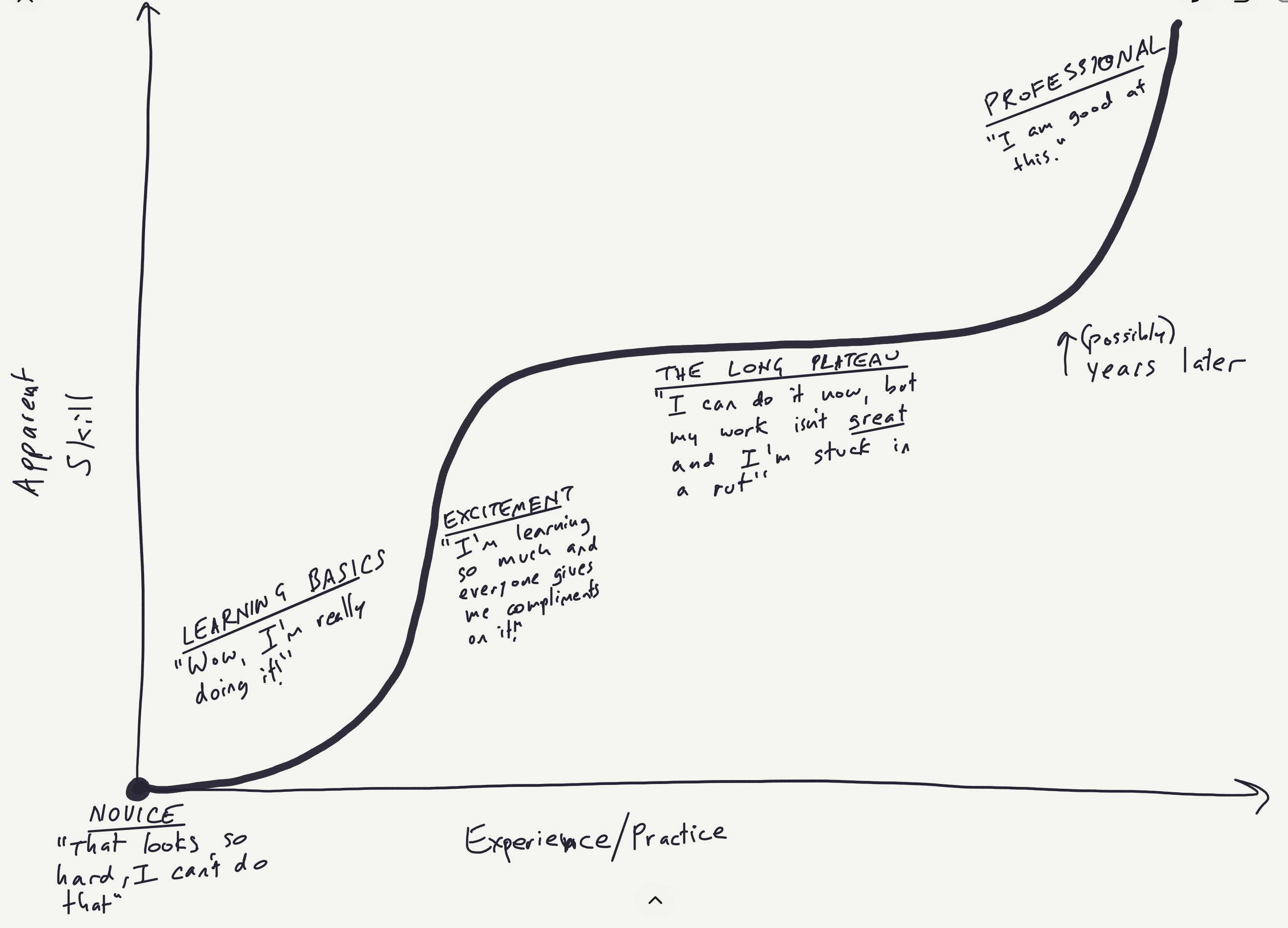 Curve of 
increasing skill, novice to excited to plateau to expert